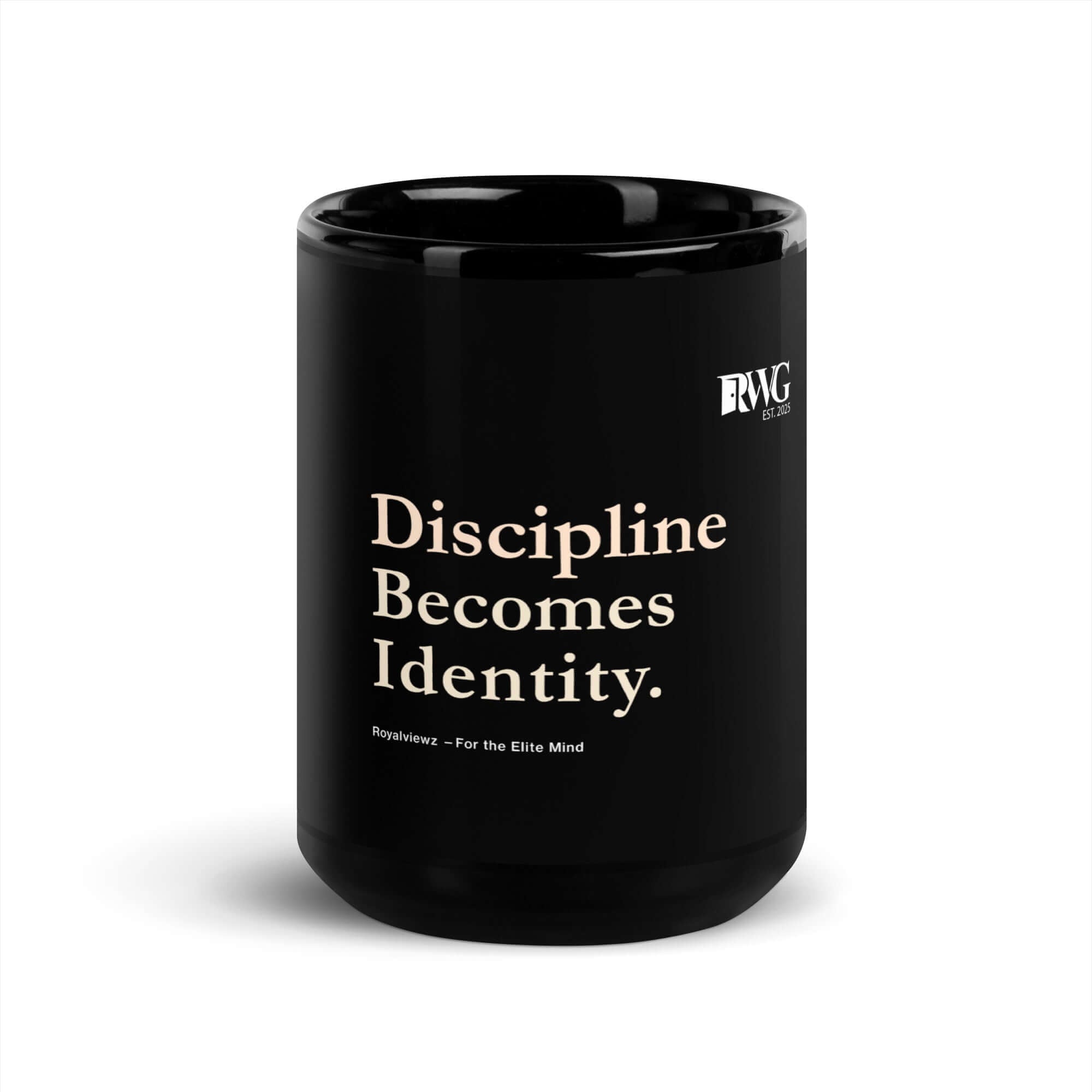 Early Mug of Discipline | sleek, and perfect for your morning java - black ceramic mug with text.