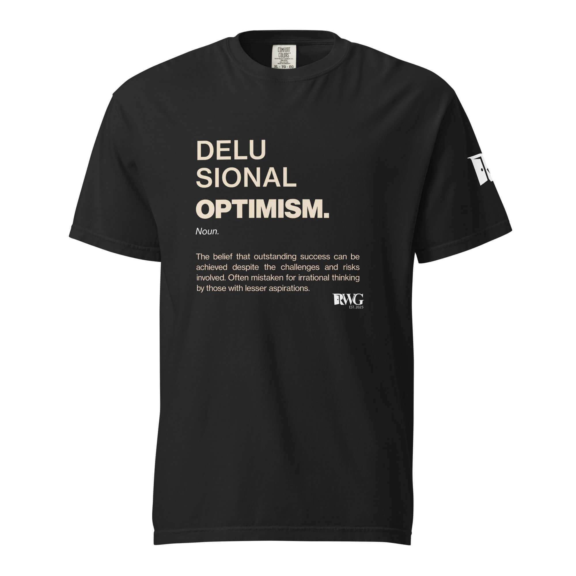 Delusional Optimism Tee featuring dictionary layout definition on a black heavyweight t-shirt.