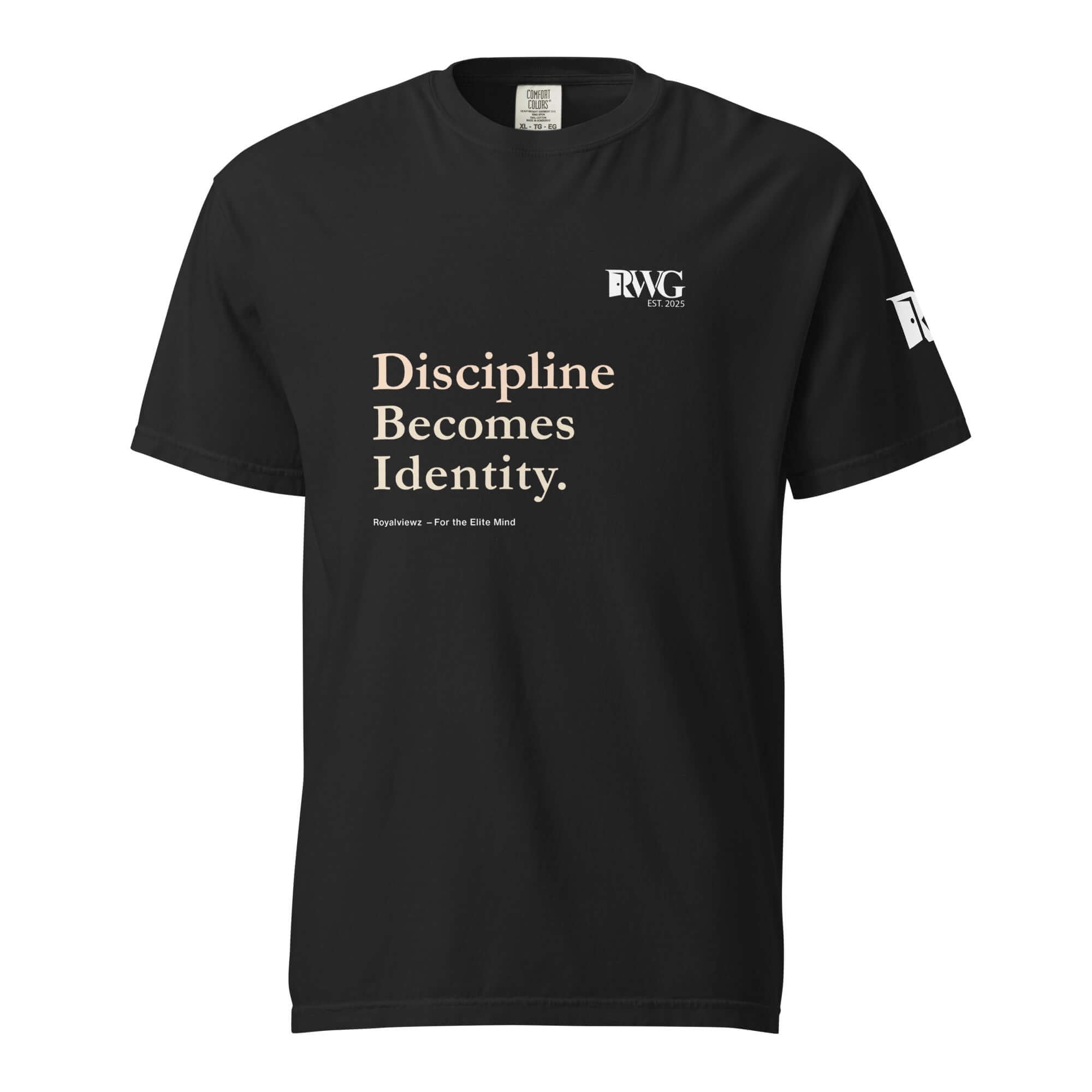 Discipline Becomes Identity Tee, a black t-shirt emphasizing discipline and personal growth.