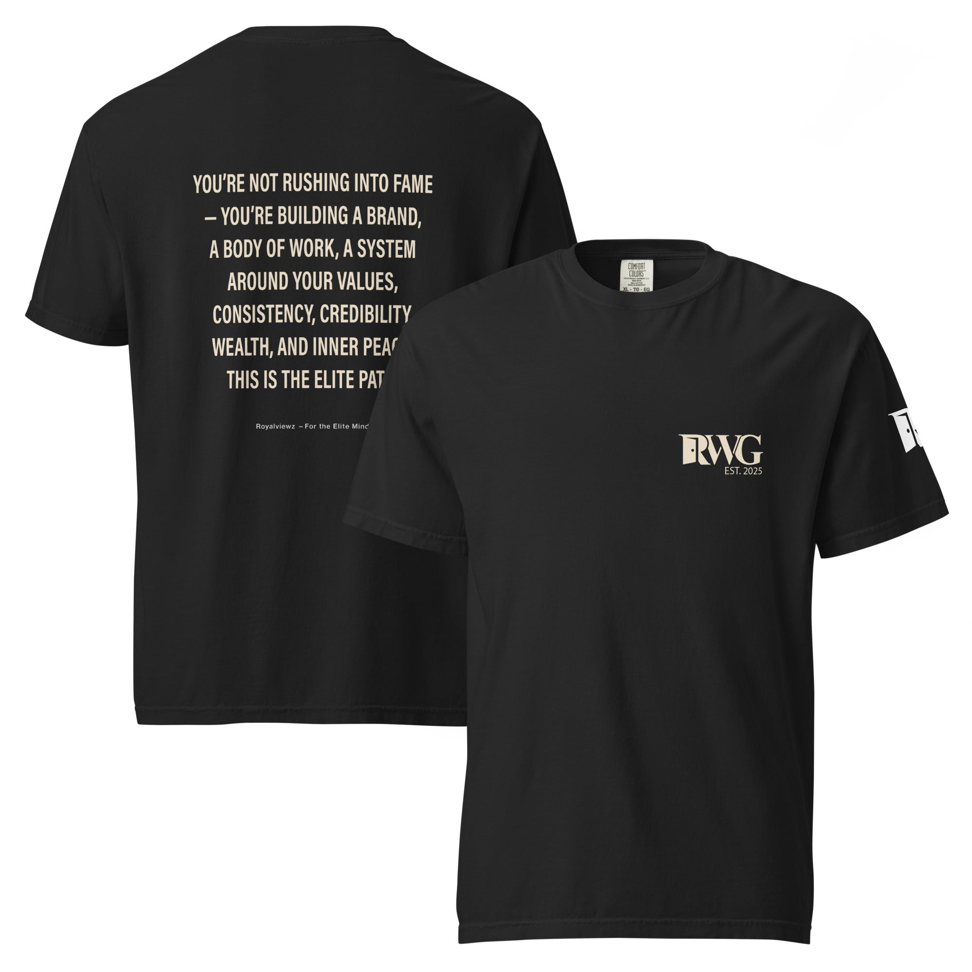 Black t-shirt with text and logo on a white background