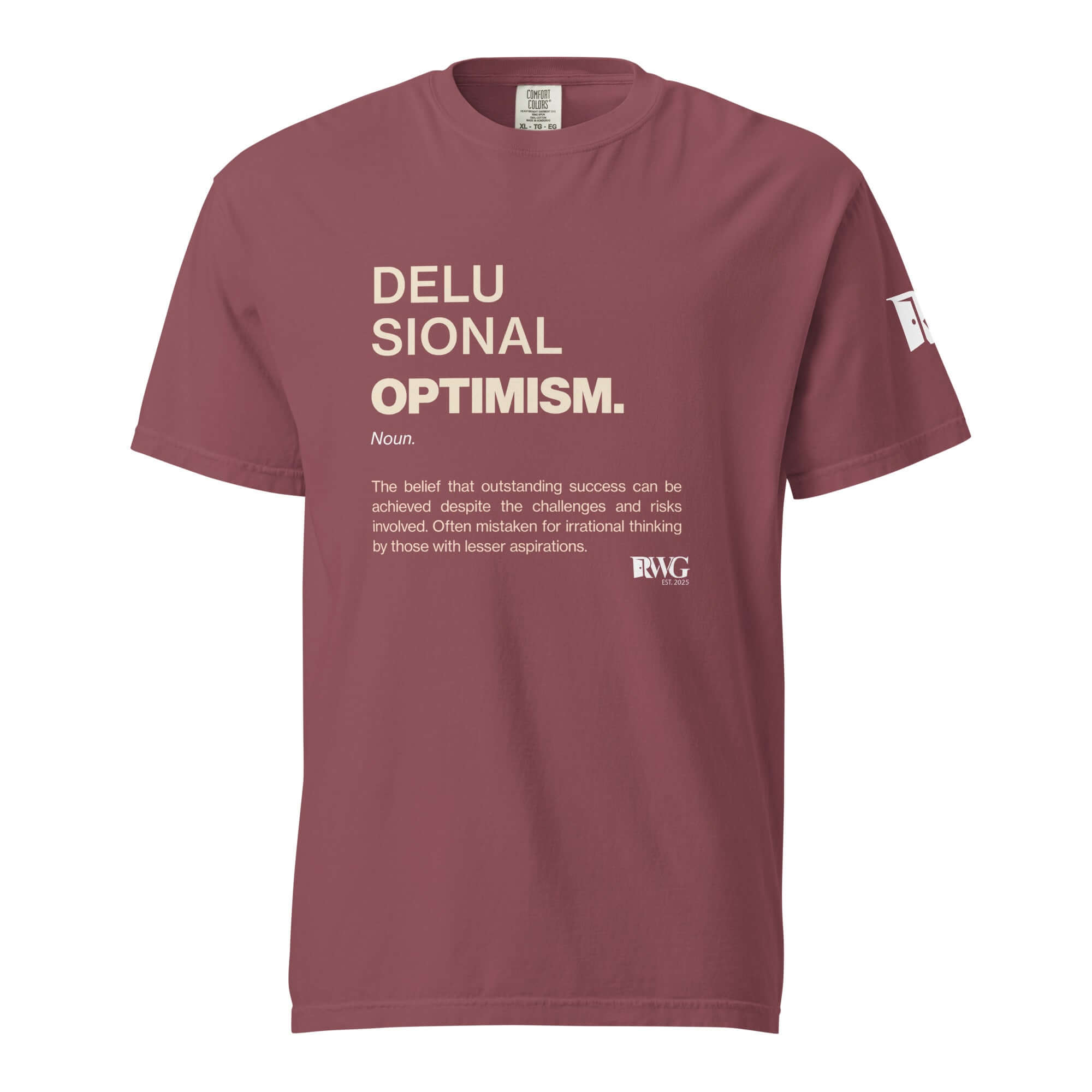 Delusional Optimism Tee featuring dictionary definition design on a maroon heavyweight t-shirt.
