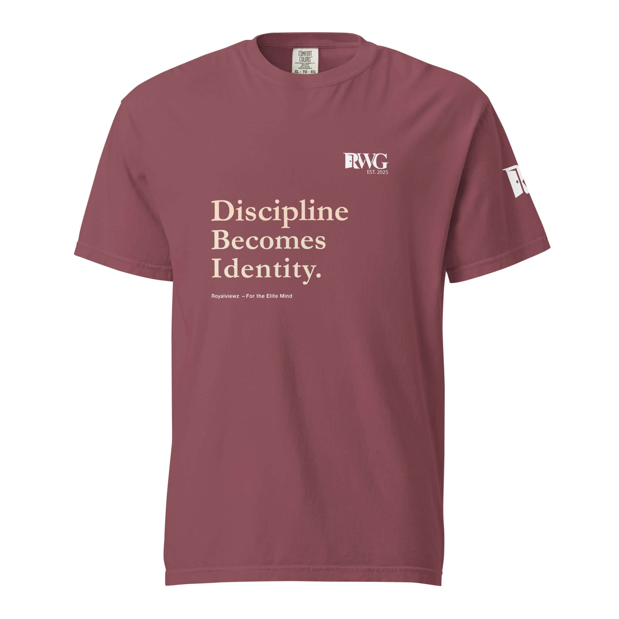 Discipline Becomes Identity Tee in maroon color, promoting discipline and self-improvement for high achievers.