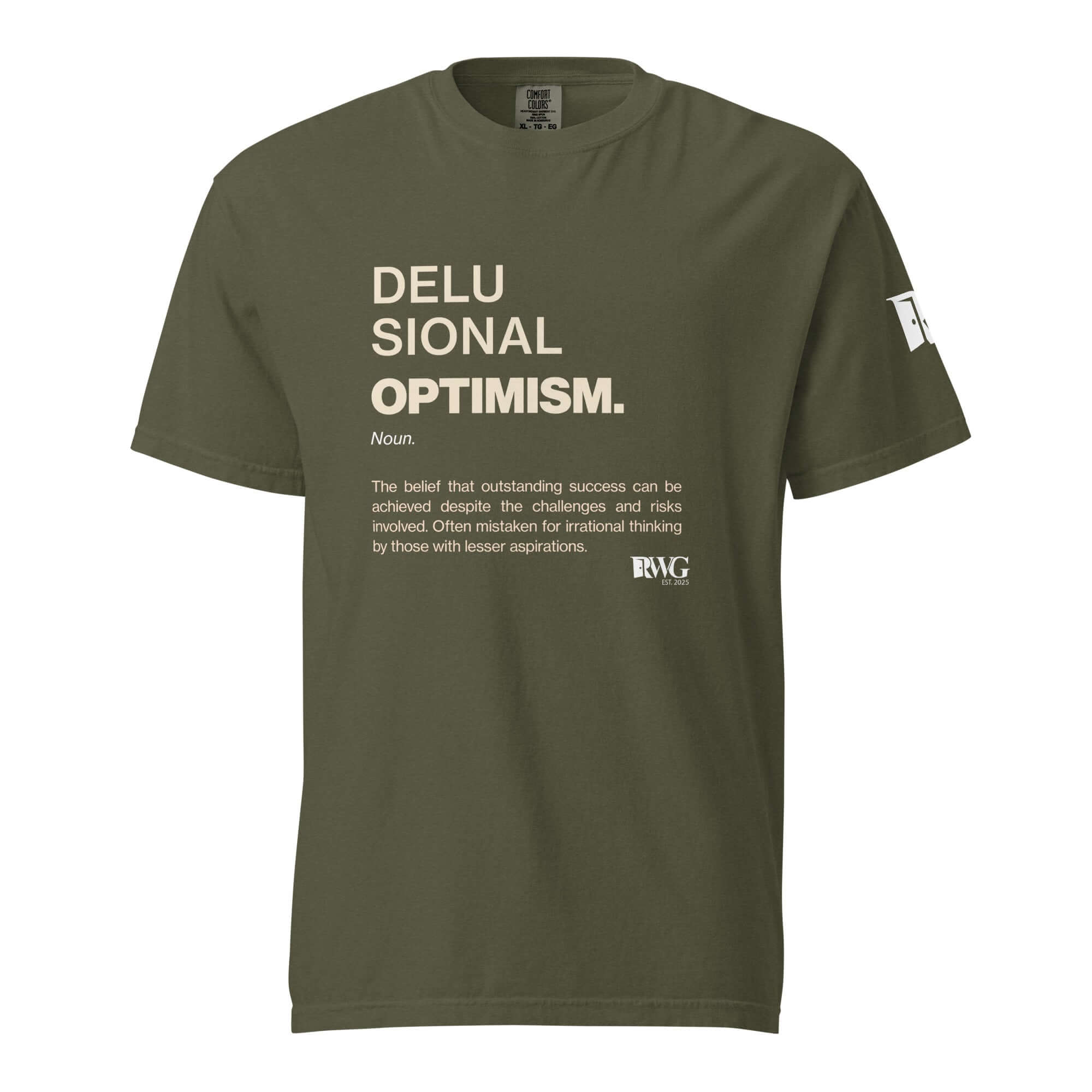 Delusional Optimism Tee with clean editorial layout highlighting the definition of delusional optimism in bold typography.