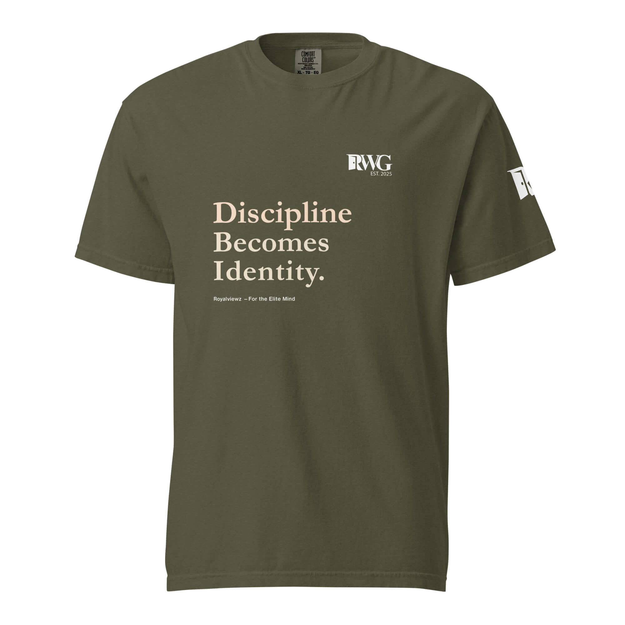 Discipline Becomes Identity Tee in olive green, featuring motivational text for high achievers.
