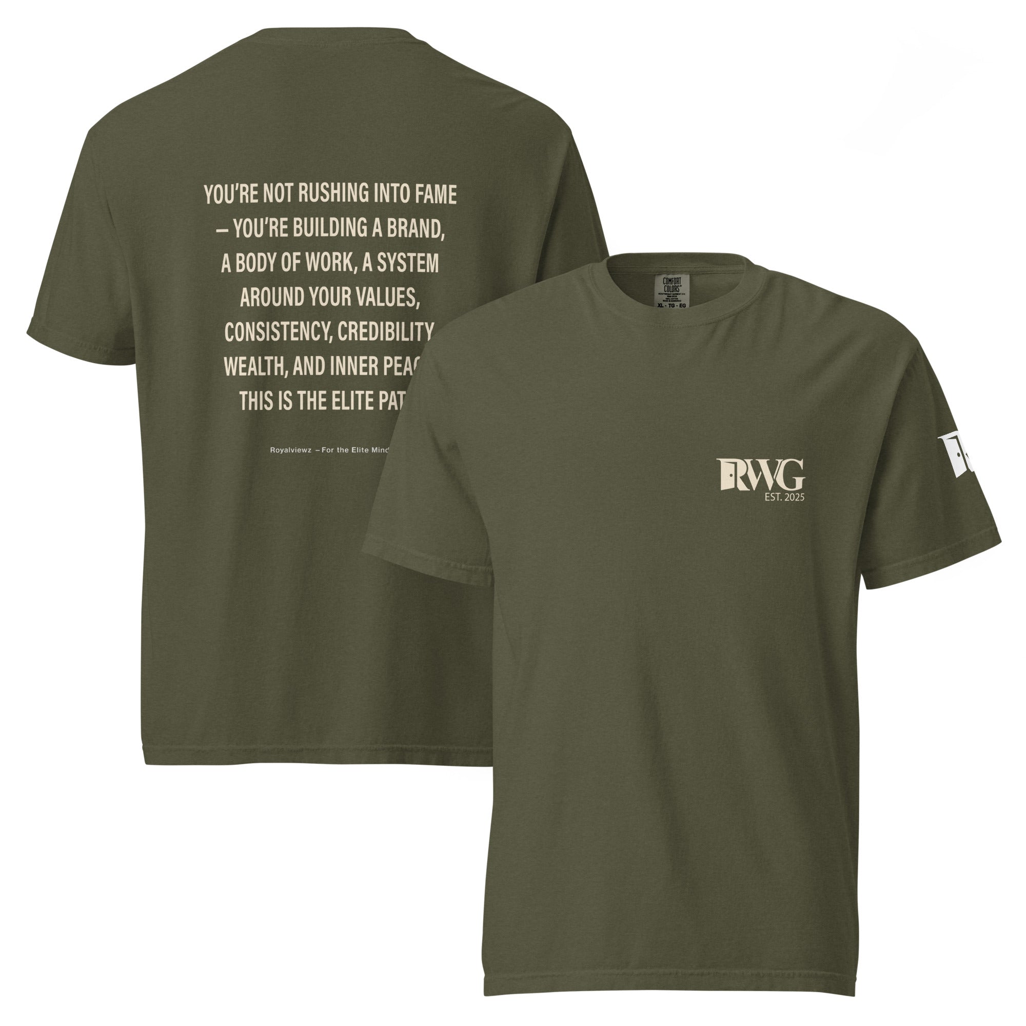 Green t-shirt with text on the back and logo on the front, displayed on a white background.