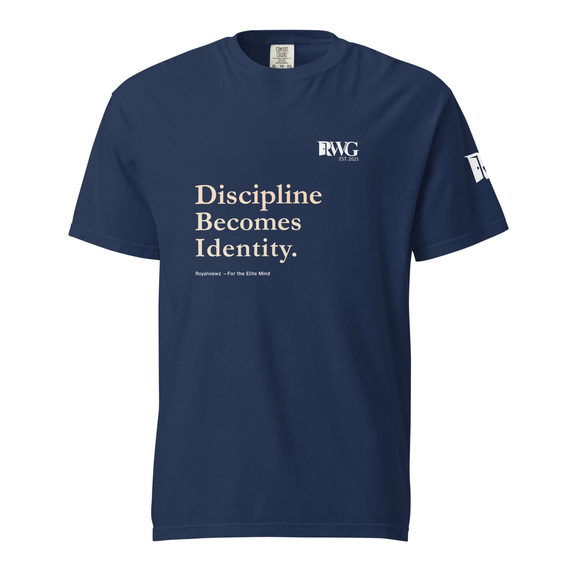 Discipline Becomes Identity Tee in navy blue, designed for high achievers and entrepreneurs.